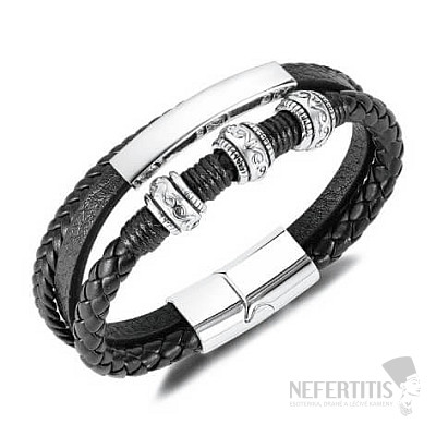 Herren dreifach schwarzes Lederarmband Bali Edelstahldekor