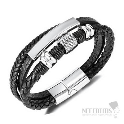 Herren dreifaches schwarzes Lederarmband Mechanic Edelstahldekor