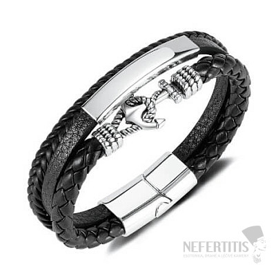 Mens triple leather bracelet Ancora stainless steel decor