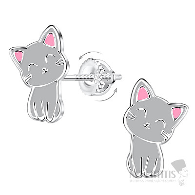 Silver earrings Gray cat on a screw