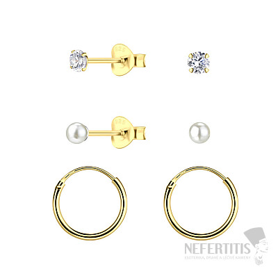 34073 Stříbrné náušnice pecky a kruhy pozlacené základní set
