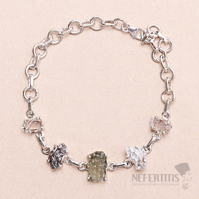Armband aus Vltavín, Herkimer-Diamant und Campo del Cielo-Meteorit, Silber Ag 925, LOT22
