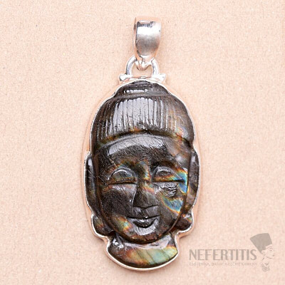 Labradorite Rainbow Carved Buddha Pendant Silver Ag 925 P236