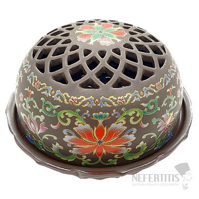 Ceramic incense burner with stylized red lotus flowers