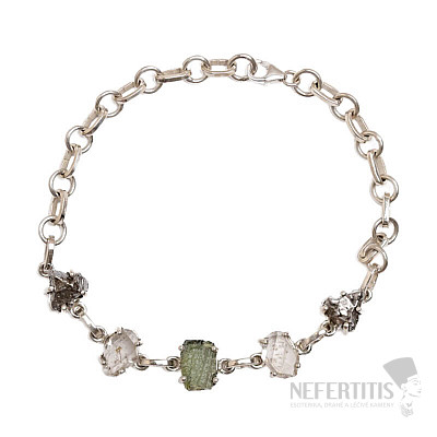 Armband aus Moldavit, Herkimer-Diamant und Campo del Cielo-Meteorit, Silber Ag 925, LOT43