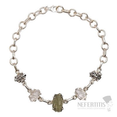Moldavite, Herkimer diamond and Campo del Cielo meteorite bracelet silver Ag 925 LOT45