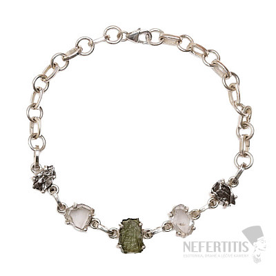 Armband aus Moldavit, Herkimer-Diamant und Campo del Cielo-Meteorit, Silber Ag 925, LOT46