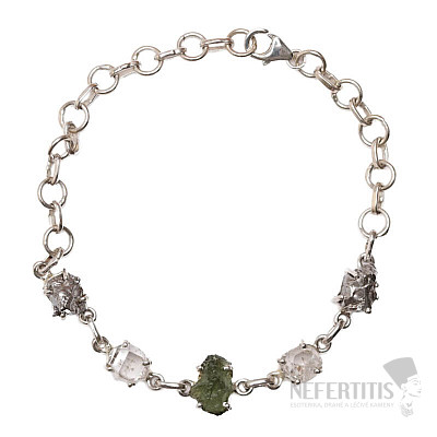Armband aus Moldavit, Herkimer-Diamant und Campo del Cielo-Meteorit, Silber Ag 925, LOT47