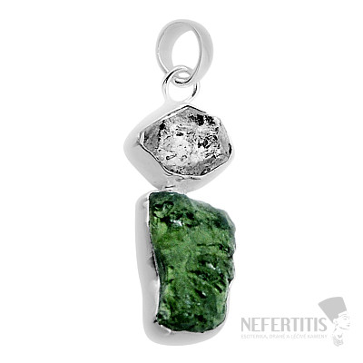 Vltavín and Herkimer diamond pendant silver Ag 925 48686