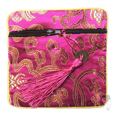 Brocade bag dark pink with zipper and coins for luck 12x12 cm