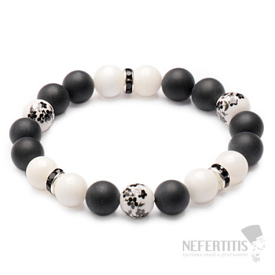 Black agate and mother-of-pearl from porcelain flower beads bracelet RB Design 143