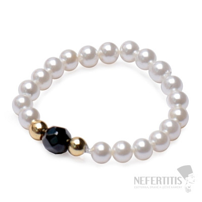Agate black elastic ring with mother of pearl
