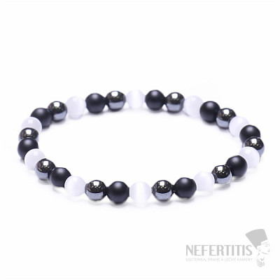 Hematite fashion bracelet with black agate and white ulexite