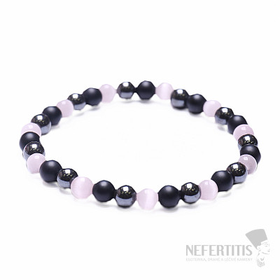 Hematite fashion bracelet with black agate and pink ulexite