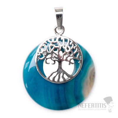 Agate blue pendant circle with Tree of Life