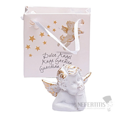 Little angel for luck in a bust gift bag with a hand on his face