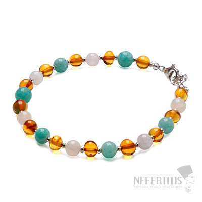 Amber bracelet polished with amazonite and moonstone Ag 925