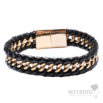 Men's black leather bracelet Curb - gold-colored clasp 1.4 cm