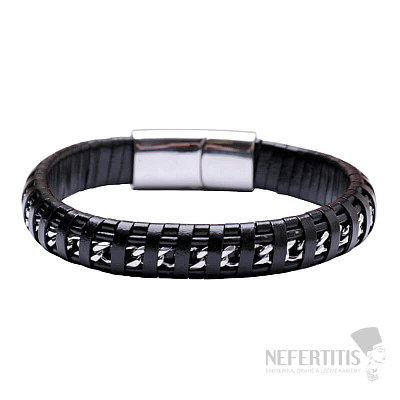 Schwarzes Herrenlederarmband Curb - silberfarbener Verschluss