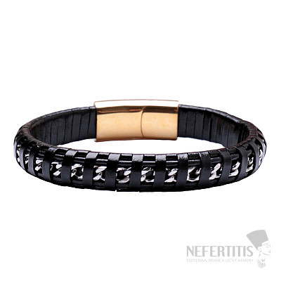 Curb men's black leather bracelet, silver color, gold color clasp