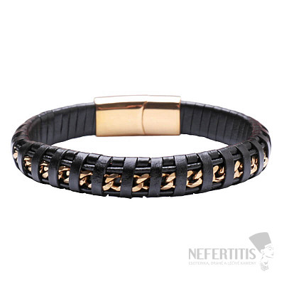 Schwarzes Herrenlederarmband Curb - goldfarbener Verschluss