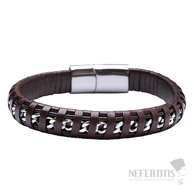 Men's brown leather bracelet Curb - silver-colored clasp