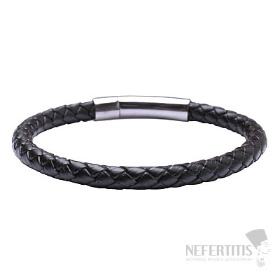Men's black leather bracelet with a silver-colored clasp