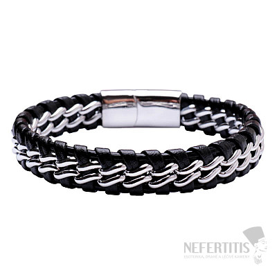 Schwarzes kubanisches Lederarmband für Herren, silberfarben