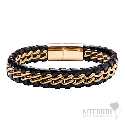 Kubanisches Herrenarmband aus schwarzem Leder in Goldfarbe