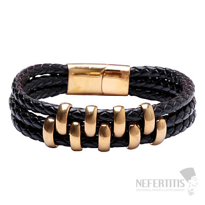 Dreifach-Armband aus schwarzem Leder für Herren in Goldfarbe