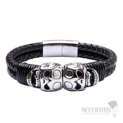 Doppeltes Lederarmband für Herren mit Totenköpfen aus Edelstahl