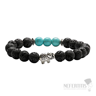 Lávový kameň a tyrkys náramok so slonom