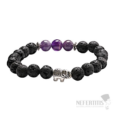 Lávový kámen a ametyst náramek se slonem