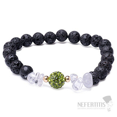 Lava stone bracelet with crystal with green bead