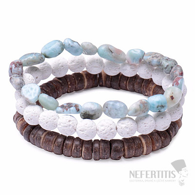 Set aus drei Armbändern aus Larimar, Kokosnussschale und Lava