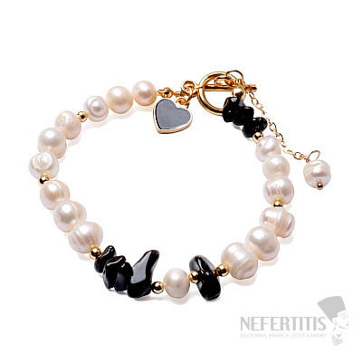 Armband aus weißen Perlen und Obsidian