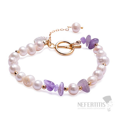 Weißes Perlenarmband mit Amethyst