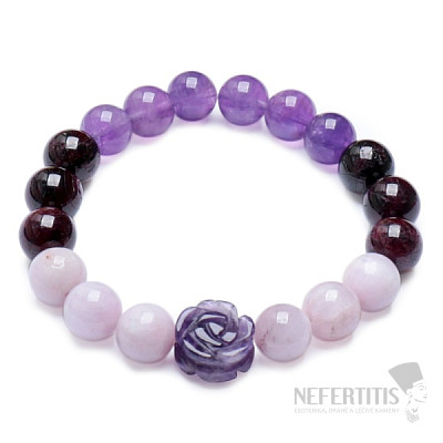 Roter Granat, lila Amethyst, lila Kunzit mit Rose, Autorenarmband RB Design 151