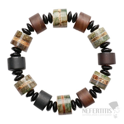 Achát červený satinovaný tibetský náramek se zelenými Dzi korálky