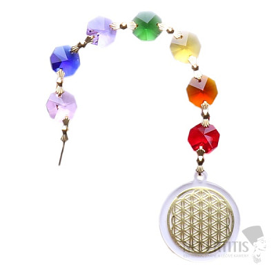 Flower of life Feng Shui window hanging made of colored crystals and gold metal
