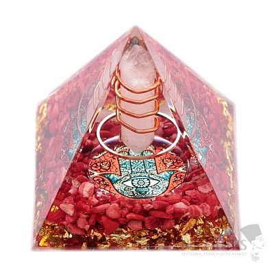 Orgonit pyramída s kryštálom krištáľu a symbolom Hamsa