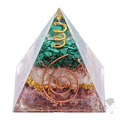 Orgonite pyramid with amethyst, malachite and crystal