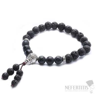 Lava Stone Buddha Mala Bracelet with Black Agate