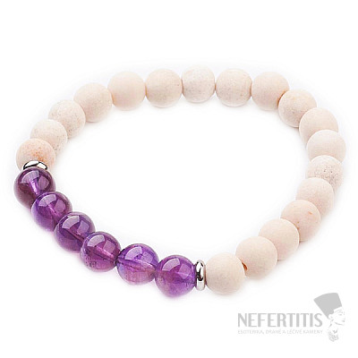 Fossil stone beaded bracelet with amethyst