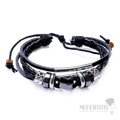 Men's casual style leather bracelet with hematite and metal ornaments