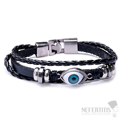 Náramek pánský z černé kůže Evil eye