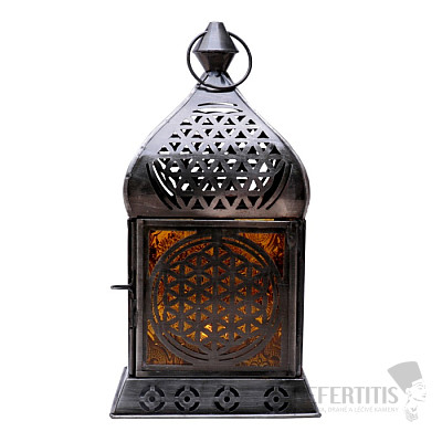 Svietnik kovový lampáš Kvetina života na čajové sviečky farba antik striebra