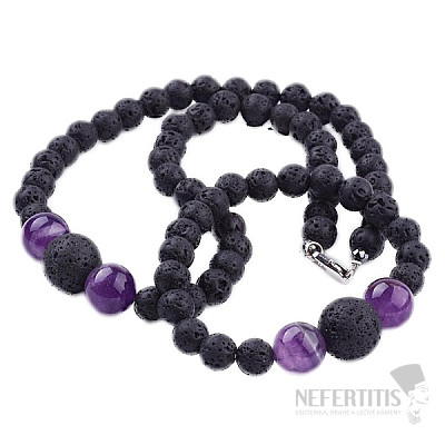 Halskette und Armband aus Lavastein mit Amethyst