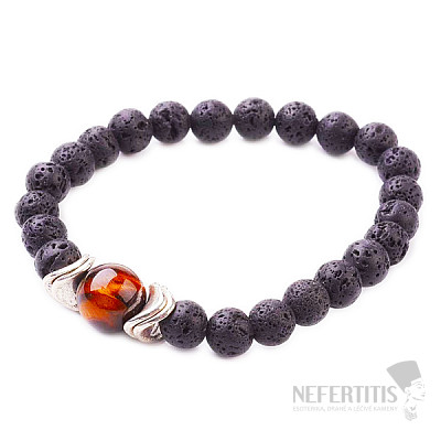 Lava stone and tiger's eye in metal beaded bracelet
