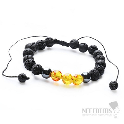 Armband aus bernsteinfarbenem Polyresin und Lavastein mit Shamballa-Verschluss